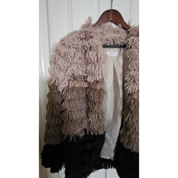 Anthropologie Sage Colorblocked Fringe Faux-Fur Multi-Color Coat Women's Size M. - Picture 7 of 11